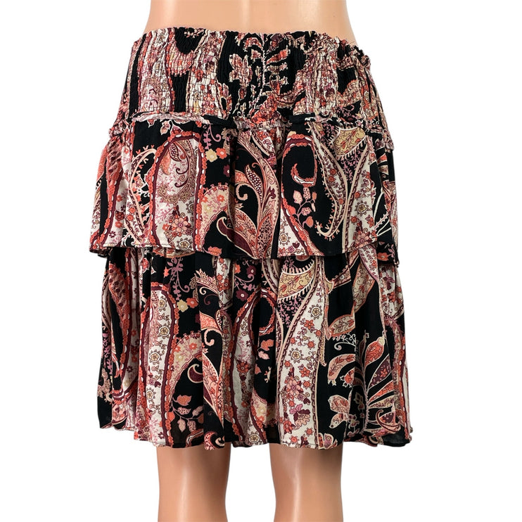 Anthropologie Myla Ruffled Boho High Waist Paisley Tiered A Line Mini Skirt Sz L