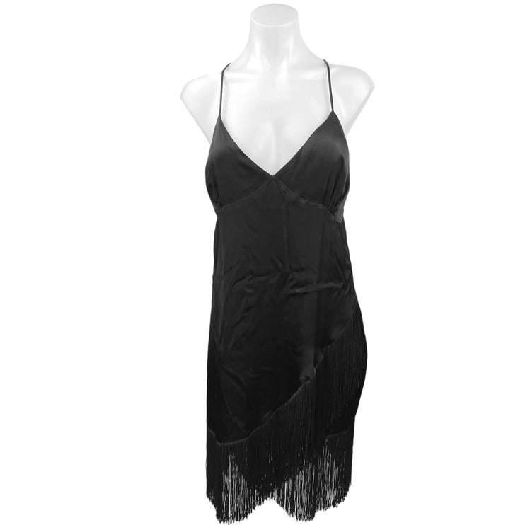 Zara Black Silk Satin V-Neck Fringe Cross Back Strap Slip Bodycon Mini Dress L