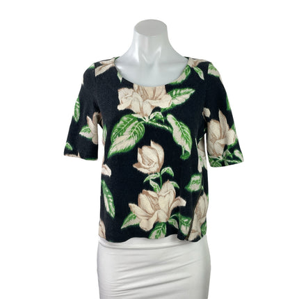 Anthropologie Women's Black Floral Short Sleeve Scoop Neck Blouse Top Size S