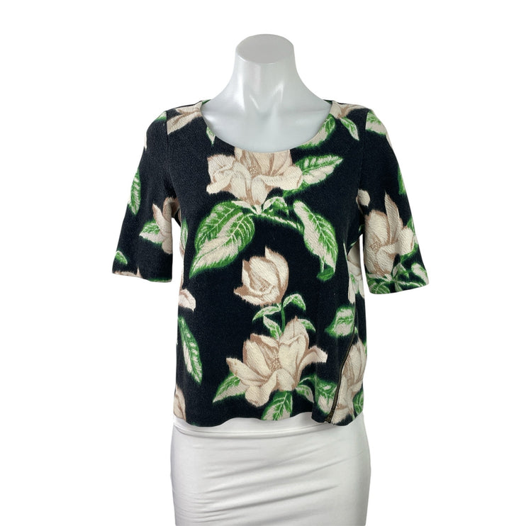 Anthropologie Women's Black Floral Short Sleeve Scoop Neck Blouse Top Size S