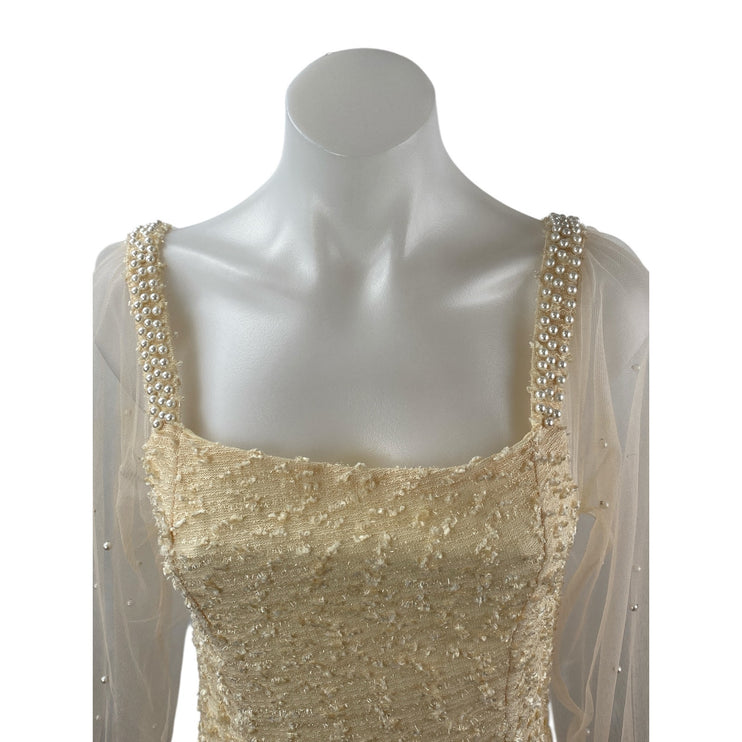 Ailunma Women's Beige Cream Long Sleeve Mesh Beaded A Line Mini Dress Size S