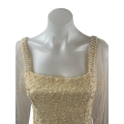 Ailunma Women's Beige Cream Long Sleeve Mesh Beaded A Line Mini Dress Size S