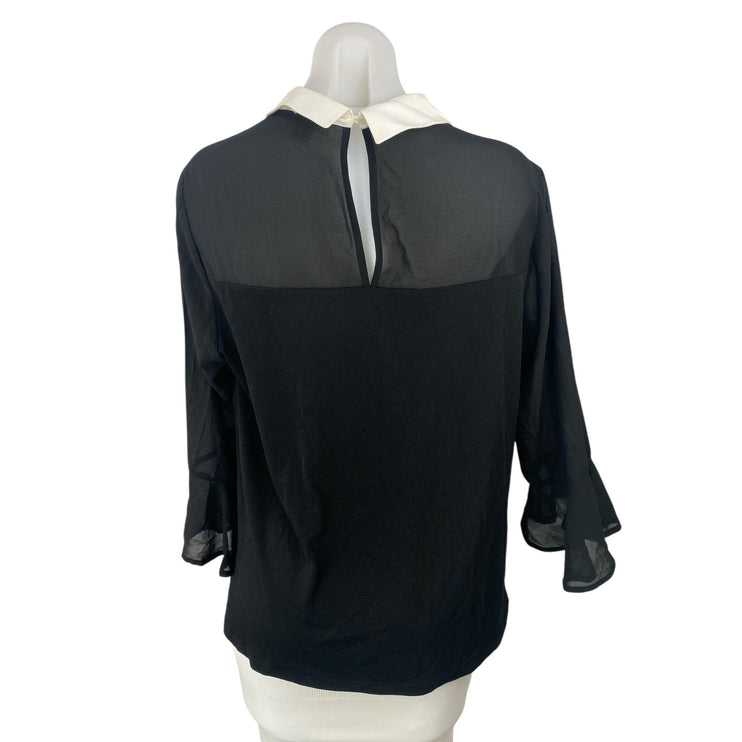 Faith and Joy Women's Black Mesh Long Sleeve Collared Layered Blouse Top Size L