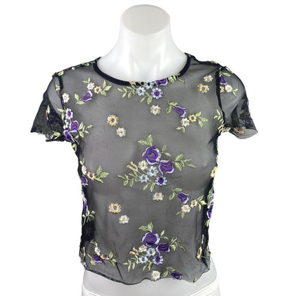Urban Outfitters Black Lilac Floral Embroidered Sheer Short Sleeve Crop Top S