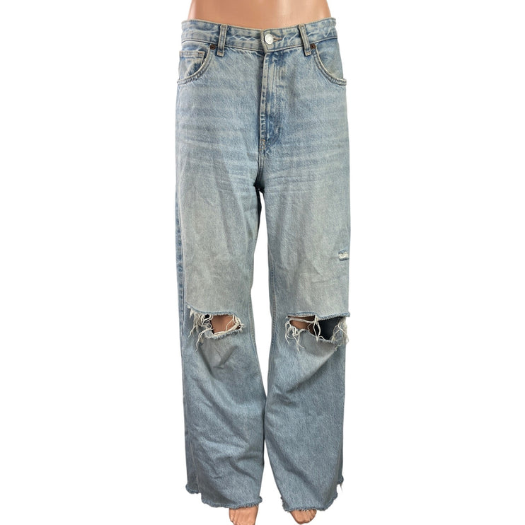 Zara Women's Blue Light Wash Distressed High Rise Wide Leg Denim Jeans Size 8
