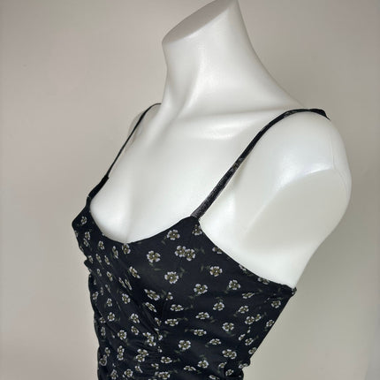 Daisy Street Black Floral Print Spaghetti Strap Ruched Mesh Bodycon Dress Sz XS