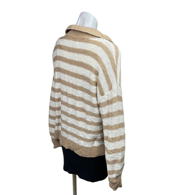 Sonoma Brown White Striped Waffle Knit Collar V-neck Long Sleeve Sweater Size M