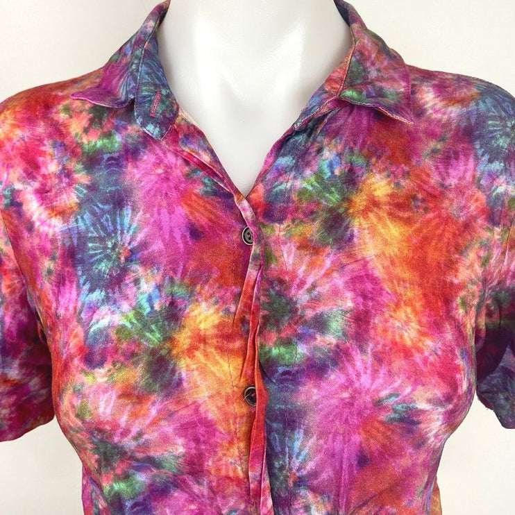 Pool Multicolor Tie Dye Short Sleeve Cropped Tuckable Button Down Shirt Size 36