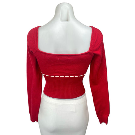 Edikted Natasha Women's Red Ribbed Knit Ribbon Bow Long Sleeve Crop Top Size M