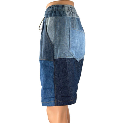 Women's Blue Patchworks Colorblock Elastic Waist Denim Jeans Bermuda Shorts Sz S
