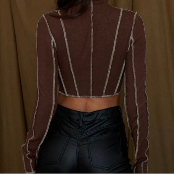 12th Tribe Avalon Brown Ribbed Stitched Seamed Mock Neck Long Sleeve Crop Top L