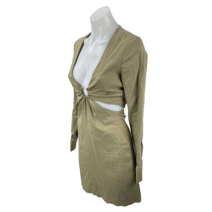 Zara Women's Olive Green Linen V Neck Long Sleeve Cut Out Mini Bodycon Dress XS
