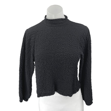 Zara Black Long Sleeve Textured Crinkled Mock Neck Cropped Blouse Top Size S