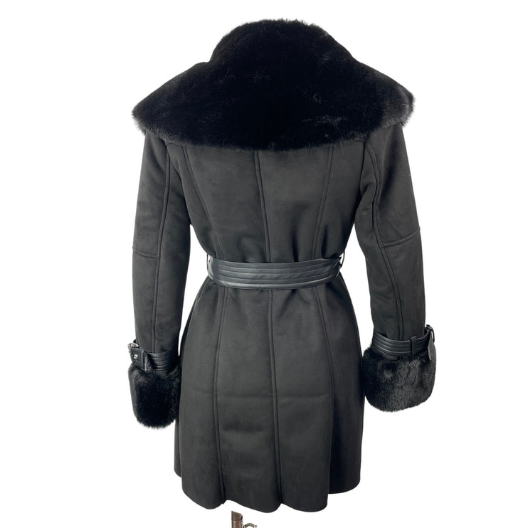 Karen Millen Black Long Sleeves Faux Shearling Collar & Cuff Belted Short Coat 2