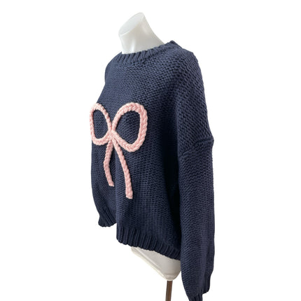 Cider Women Navy Blue Pink Ribbon Bow Braid Coquette Long Sleeve Sweater Top 3XL