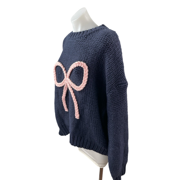 Cider Women Navy Blue Pink Ribbon Bow Braid Coquette Long Sleeve Sweater Top 3XL