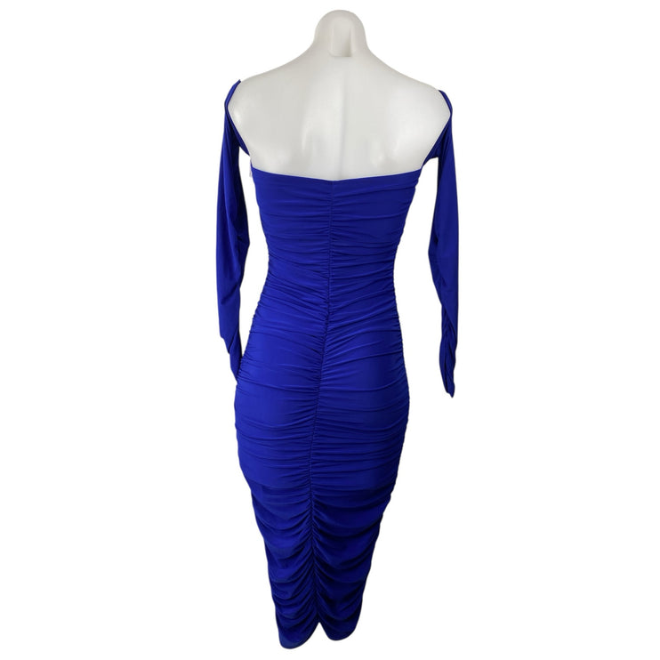 Sabora Blue Ruched Long Sleeve Off Shoulder Sweetheart Neck Midi Bodycon Dress S