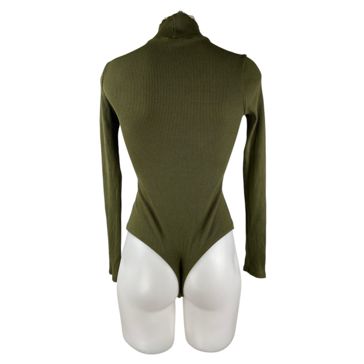 Lulus Womens Green Ribbed Knit Long Sleeve Turtleneck Bodysuit Sweater Top Sz S