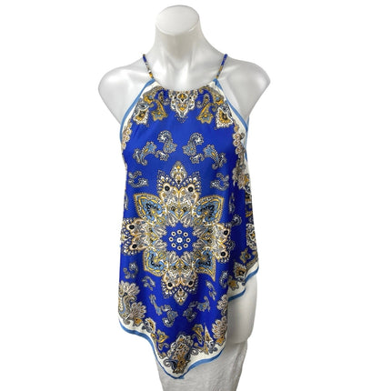 Zara Blue Floral Paisley Sleeveless Scarf Asymmetric High Neck Tank Blouse Top S