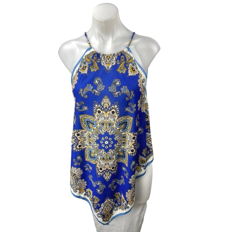 Zara Blue Floral Paisley Sleeveless Scarf Asymmetric High Neck Tank Blouse Top S