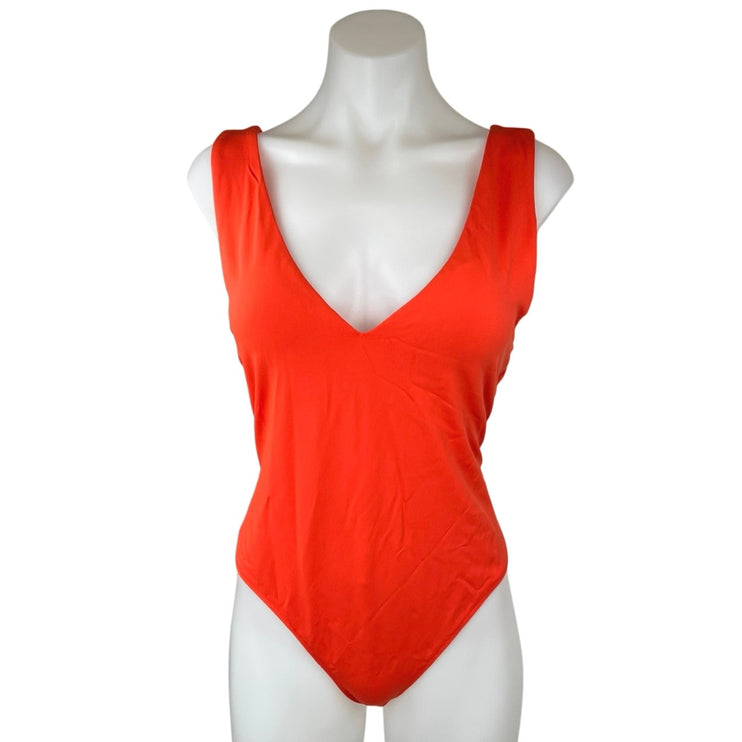 House of Harlow 1960 Red Orange Ribbed Sleeveless V-neck Thong Bodysuit Top XL
