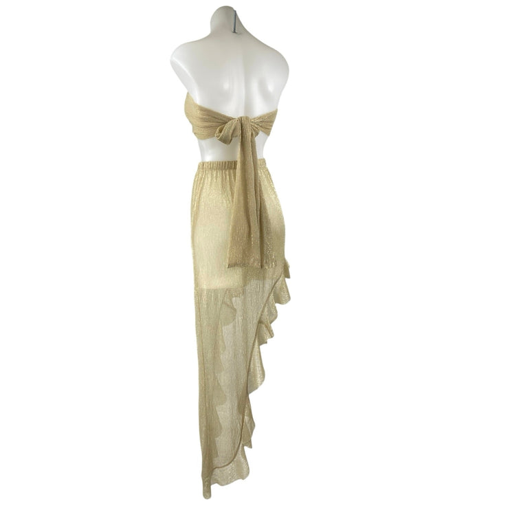 NEW Beach City Gold Metallic Ruffle Assymetric Skirt & Bandeau Tube Top Set Sz S