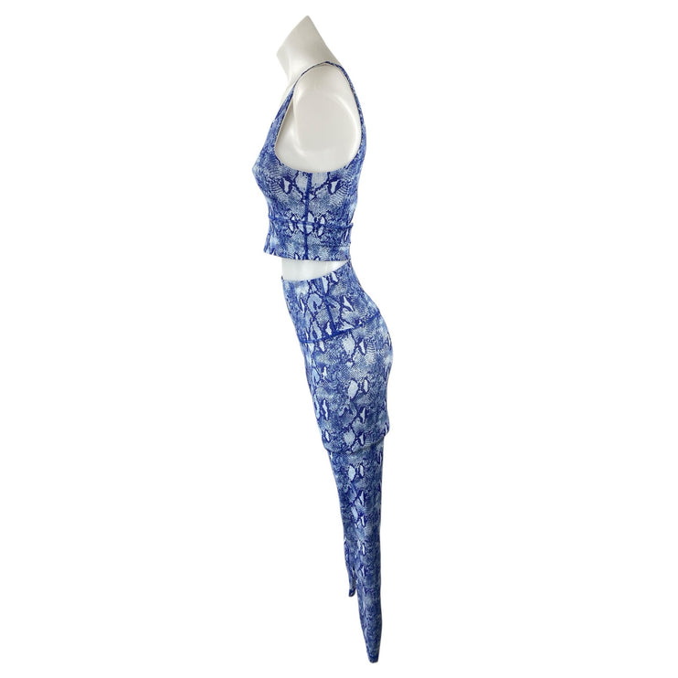 DYI Blue Snakeskin Athletic Yoga Crop Top High Rise Leggings Two Piece Set Sz S