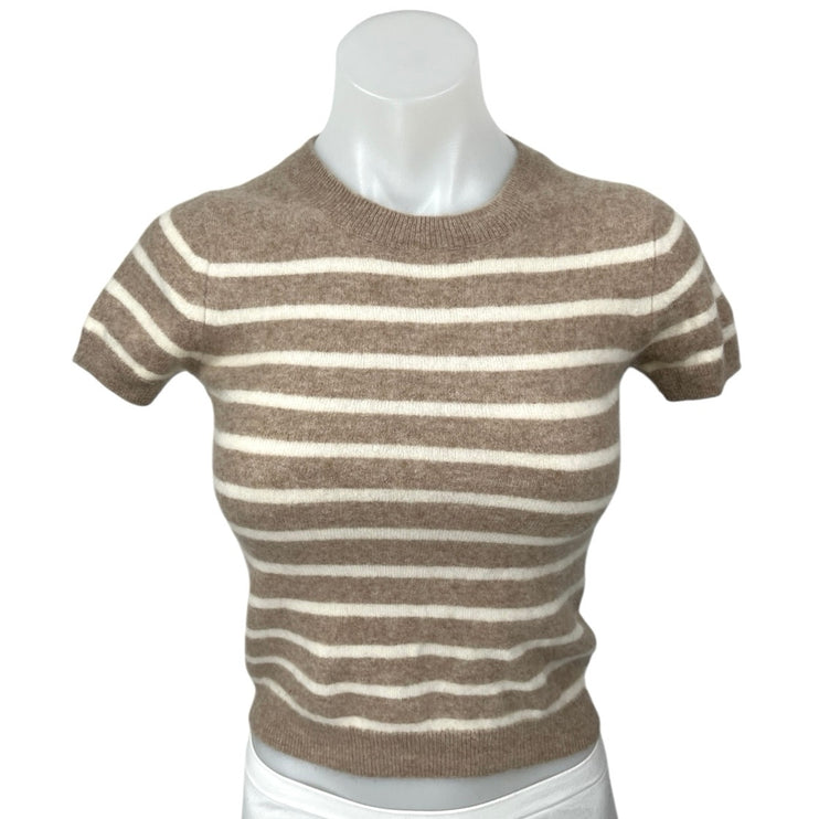 Quince 100% Cashmere Tan White Striped Short Sleeve Crop Shirt Sweater Top XS