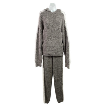 Skims Women's Gray Cozy Knit Teddy Stripe Fleece Hoodie Jogger Lounge Set S/M
