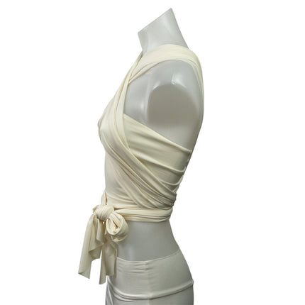 Eros Beige Strappy Cross Over Halter Neck Sleeveless Cropped Wrap Blouse Top XS