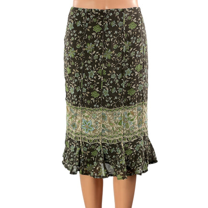 Jones New York 100% Silk Green Floral High Waist Ruffle Midi Pencil Skirt Sz 12