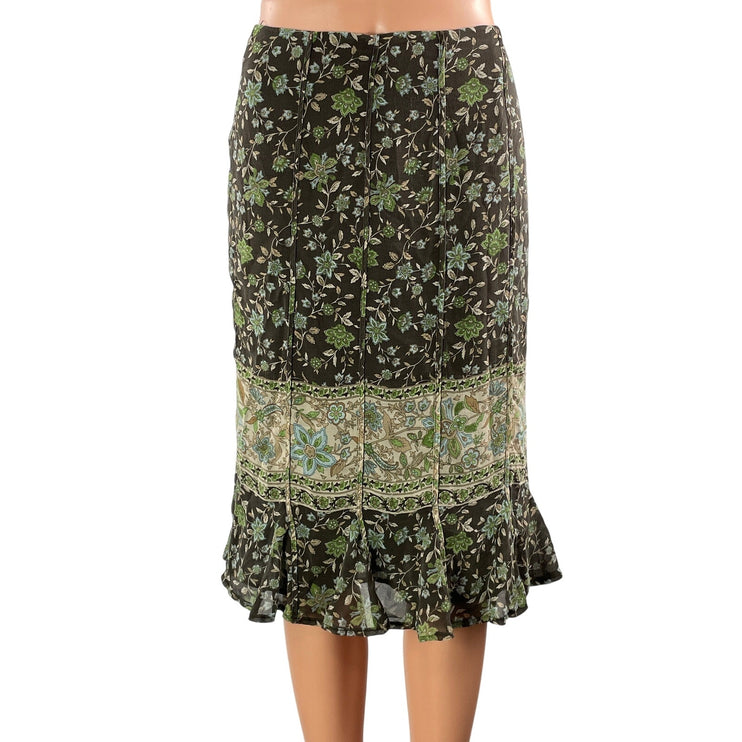Jones New York 100% Silk Green Floral High Waist Ruffle Midi Pencil Skirt Sz 12