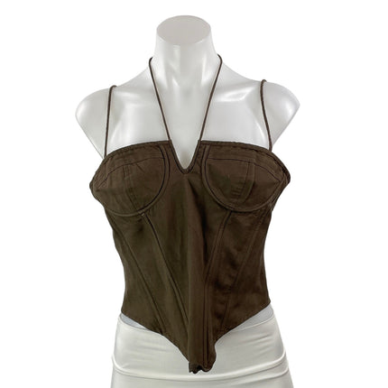Lioness Brown Linen Sleeveless Cami Halter Longline Bustier Corset Crop Top M