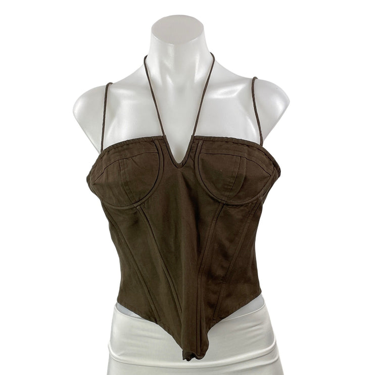 Lioness Brown Linen Sleeveless Cami Halter Longline Bustier Corset Crop Top M
