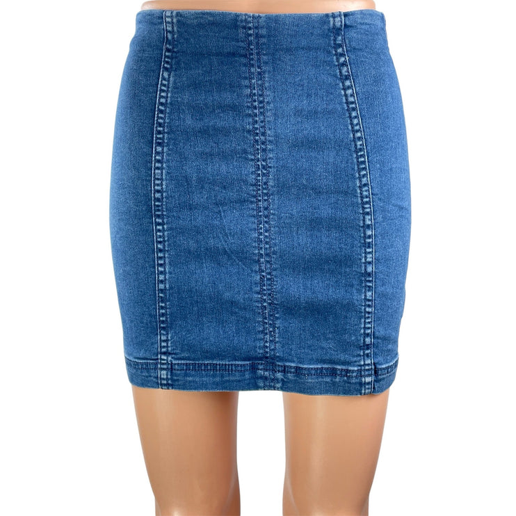 Free People Women's Blue Medium Wash High Waist Denim Jean Pencil Mini Skirt 0