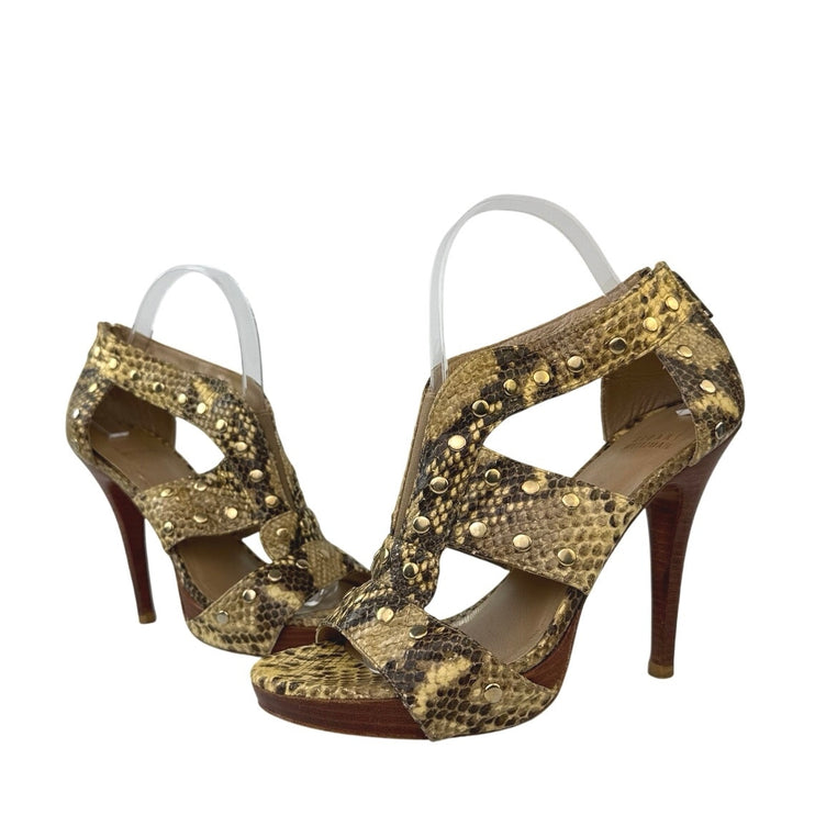 Stuart Weitzman Beige Gold Studded Snakeskin Leather High Heels Sandals Shoes 8