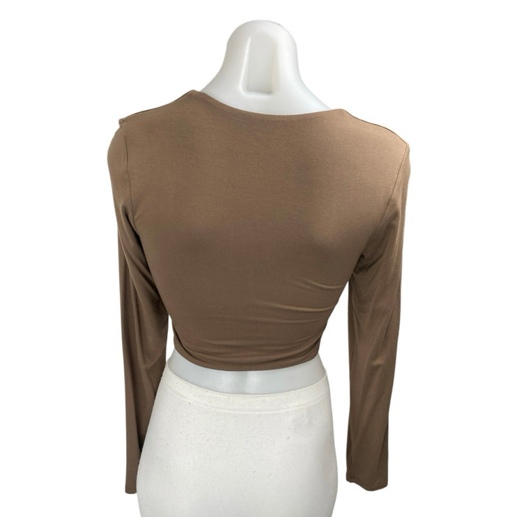 KN Klassy Network Women's Tan Knit Long Sleeve Square Neck Crop Top Size M