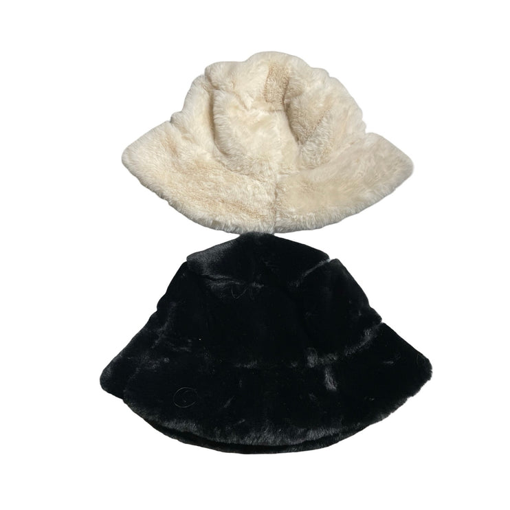 Women's Black Cream Faux Fur Fleece Soft Snow Winter Bucket Hat Cap Set of 2 OS