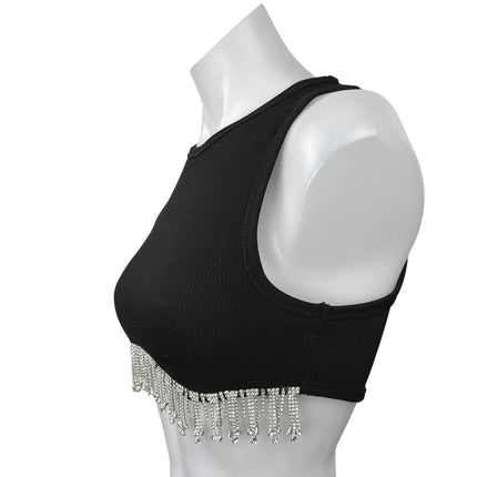 Women's Black Rhinestone Fringe Sleeveless Boho Crew Neck Crop Tank Top Size S