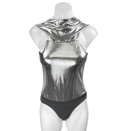 Women's Silver Gray Metallic Sleeveless Hooded Hoodie Bodysuit Tank Top Size S
