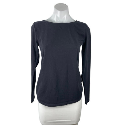 Ann Taylor Black Knit Boat Neck Long Sleeve  Curved Hem Basic Tee T-Shirt Top XS