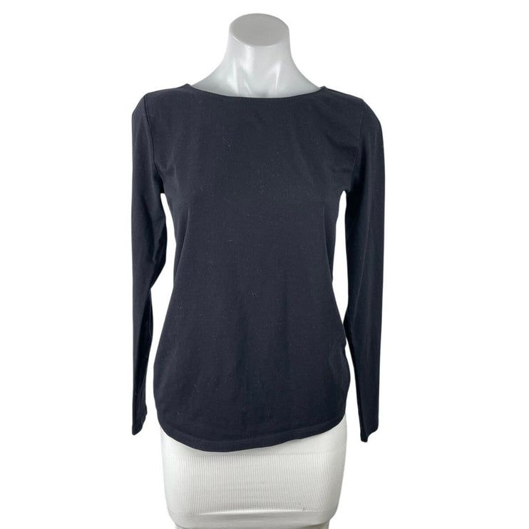 Ann Taylor Black Knit Boat Neck Long Sleeve  Curved Hem Basic Tee T-Shirt Top XS