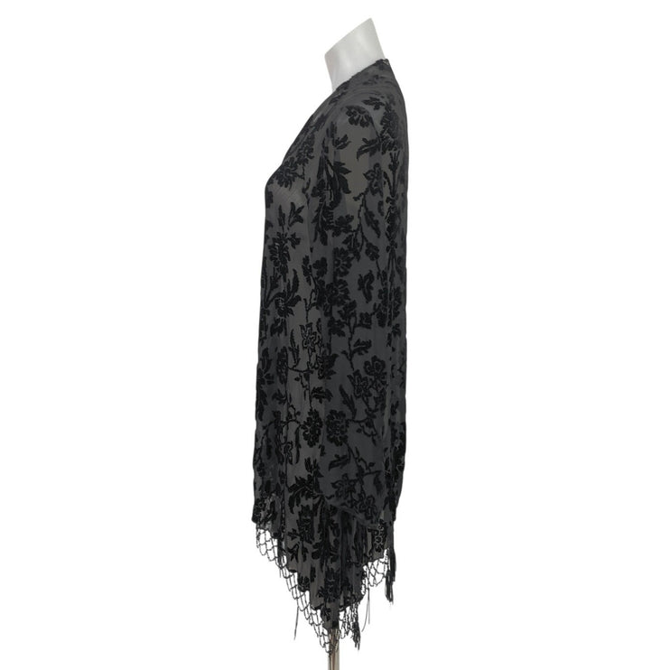 4 Love and Liberty Black Floral Burnout Velvet Jacquard Kimono Fringe Cardigan S