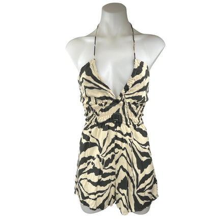 H&M Cream Black Zebra Animal Print Sleeveless Halter Ruched Romper Shorts Size S
