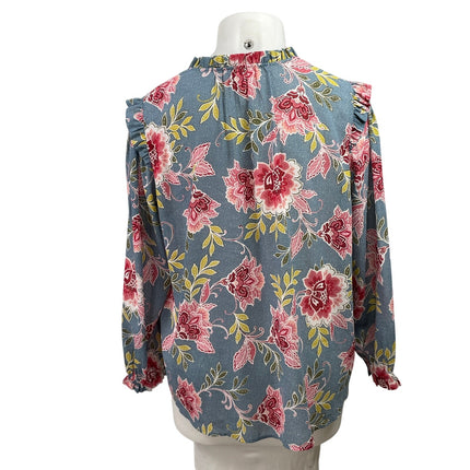 Ann Taylor LOFT Blue Dots Floral Long Sleeve Ruffle Keyhole Blouse Top Size 16