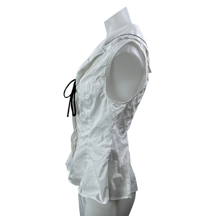 Zara Women's White Sleeveless Front Tie Ruffle Collared Button Up Blouse Top M