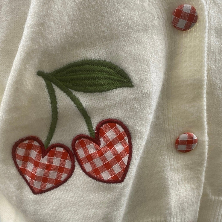 Debut Heart Cherry Embroidery Long Sleeve Button Cardigan Sweater Jacket Sz M/L