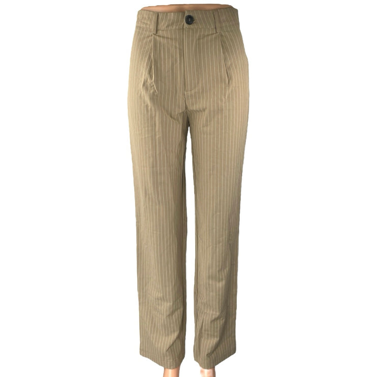 Princess Polly Women's Brown Tan Striped Pleated Straight Trousers Dress Pants 2