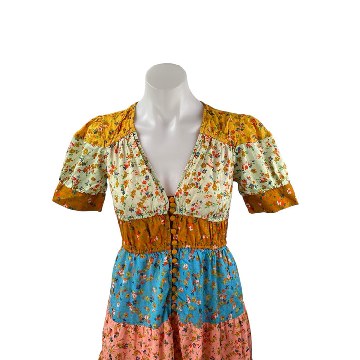 Anthropologie Tiered & True Multicolor Floral Colorblock V Neck Maxi Dress XXS