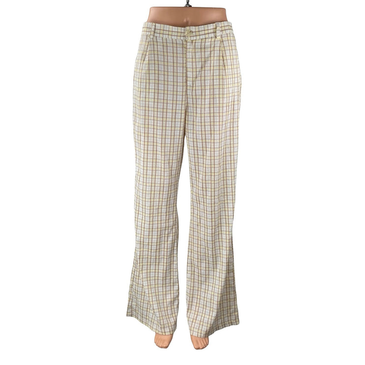Adika Women's Beige Plaid High Rise Wide Leg Baggy Pleated Trousers Pants Size M